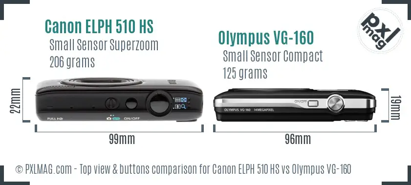 Canon ELPH 510 HS vs Olympus VG-160 top view buttons comparison Canon ELPH 510 HS vs Olympus VG-160 top view buttons comparison