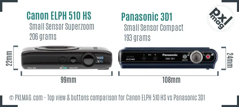 Canon ELPH 510 HS vs Panasonic 3D1 top view buttons comparison