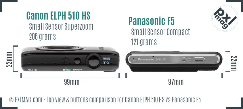 Canon ELPH 510 HS vs Panasonic F5 top view buttons comparison