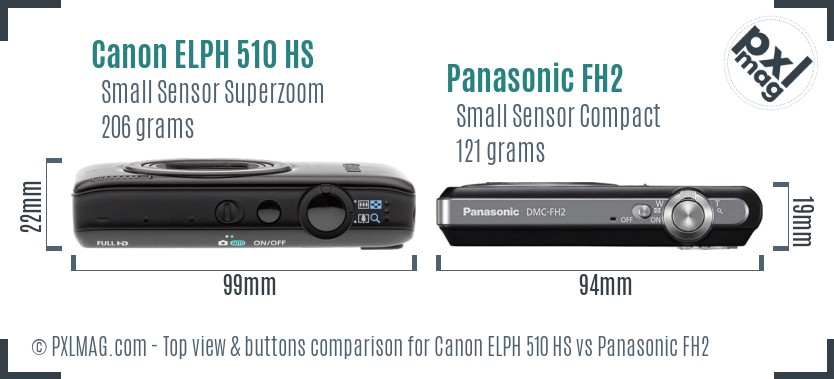 Canon ELPH 510 HS vs Panasonic FH2 top view buttons comparison