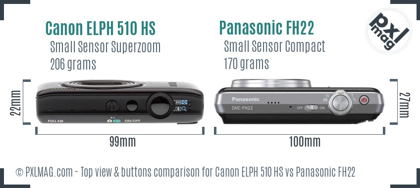 Canon ELPH 510 HS vs Panasonic FH22 top view buttons comparison