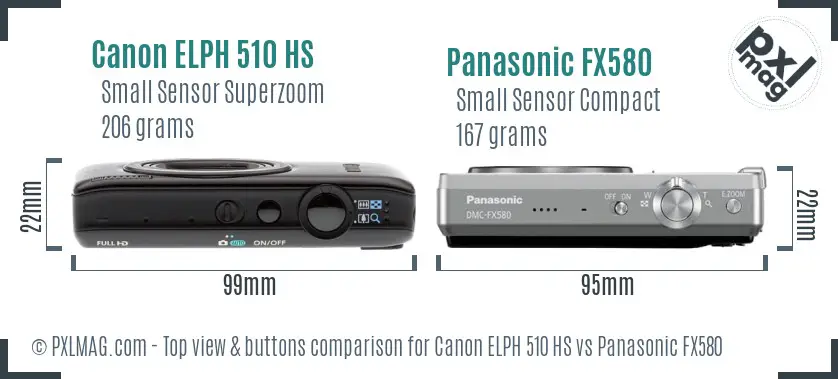 Canon ELPH 510 HS vs Panasonic FX580 top view buttons comparison Canon ELPH 510 HS vs Panasonic FX580 top view buttons comparison