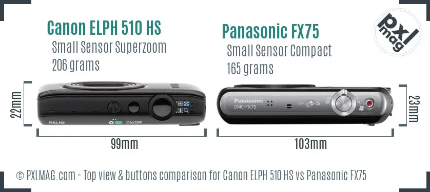 Canon ELPH 510 HS vs Panasonic FX75 top view buttons comparison