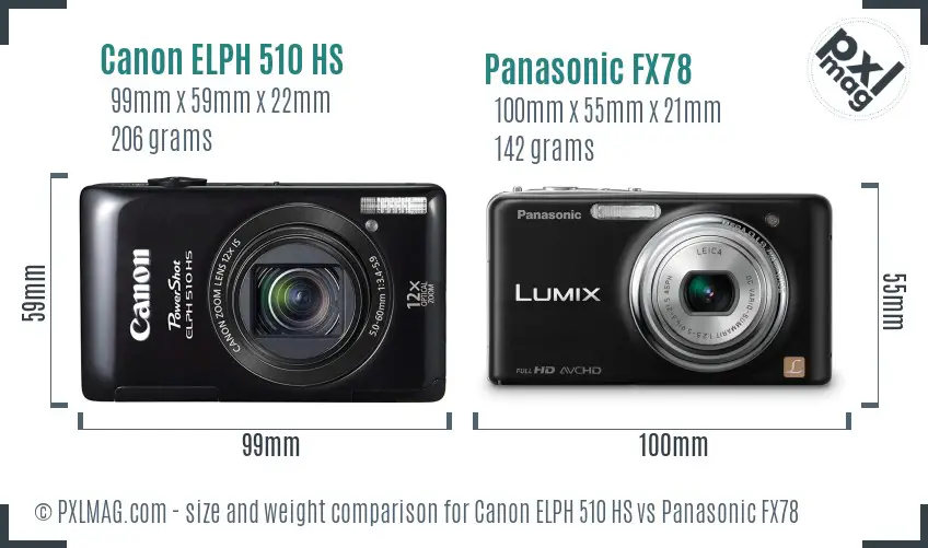 Canon ELPH 510 HS vs Panasonic FX78 size comparison