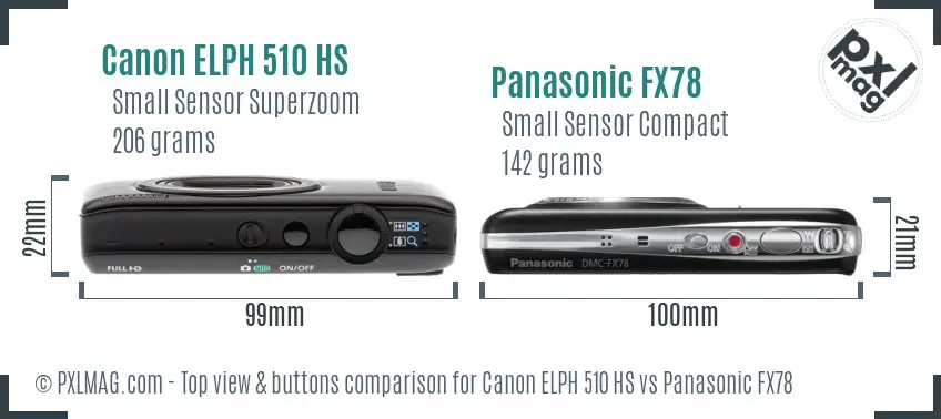 Canon ELPH 510 HS vs Panasonic FX78 top view buttons comparison