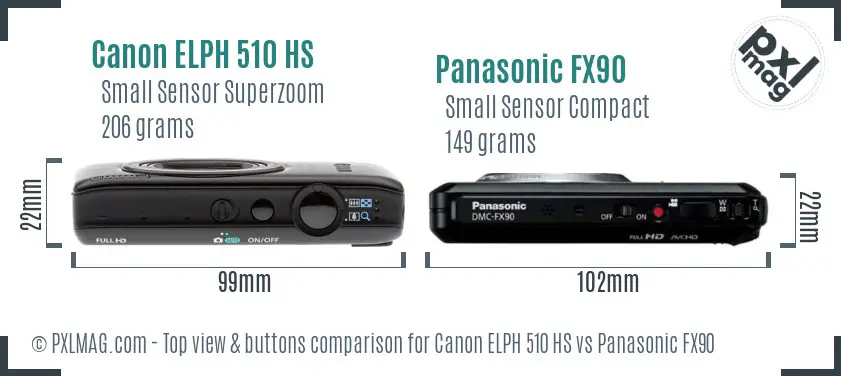 Canon ELPH 510 HS vs Panasonic FX90 top view buttons comparison Canon ELPH 510 HS vs Panasonic FX90 top view buttons comparison
