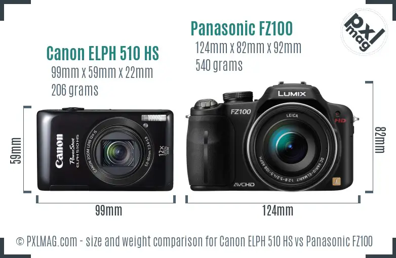 Canon ELPH 510 HS vs Panasonic FZ100 size comparison