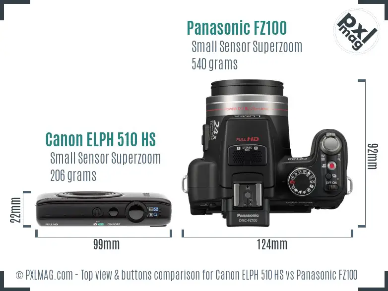 Canon ELPH 510 HS vs Panasonic FZ100 top view buttons comparison