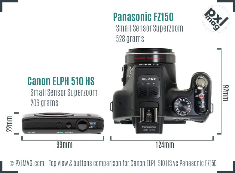 Canon ELPH 510 HS vs Panasonic FZ150 top view buttons comparison