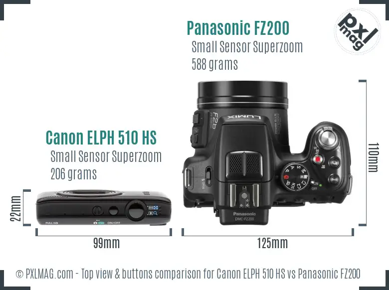 Canon ELPH 510 HS vs Panasonic FZ200 top view buttons comparison