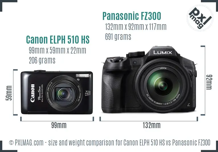 Canon ELPH 510 HS vs Panasonic FZ300 size comparison Canon ELPH 510 HS vs Panasonic FZ300 size comparison