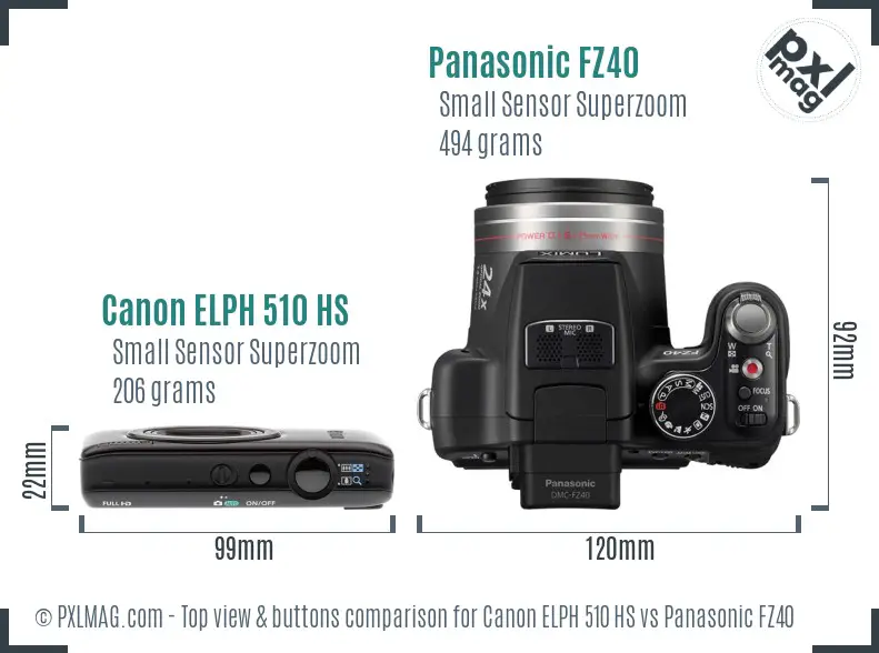 Canon ELPH 510 HS vs Panasonic FZ40 top view buttons comparison
