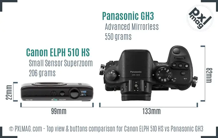 Canon ELPH 510 HS vs Panasonic GH3 top view buttons comparison