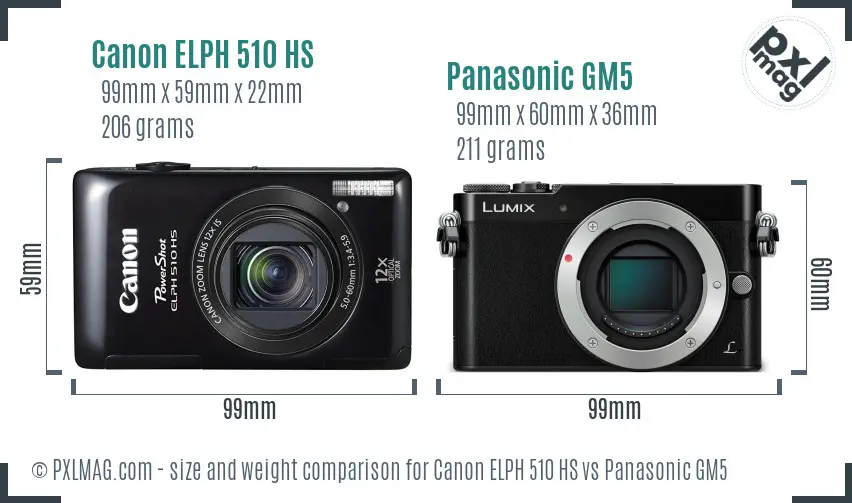 Canon ELPH 510 HS vs Panasonic GM5 size comparison