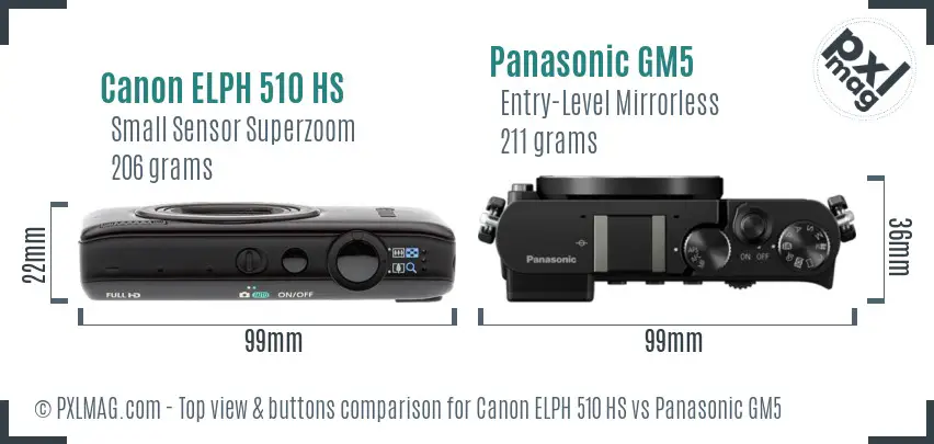 Canon ELPH 510 HS vs Panasonic GM5 top view buttons comparison