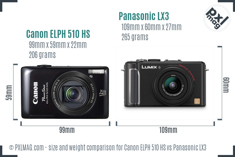 Canon ELPH 510 HS vs Panasonic LX3 size comparison