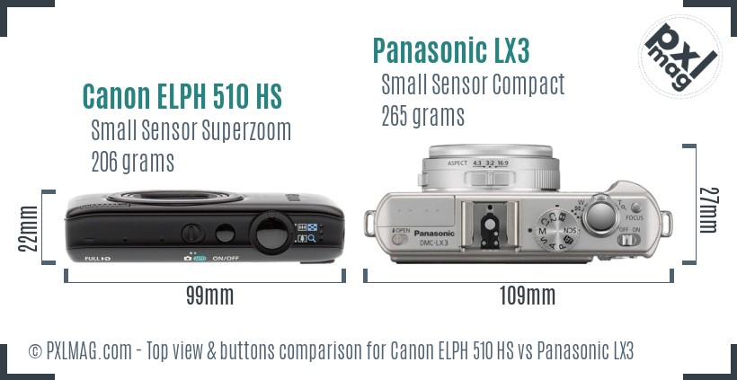 Canon ELPH 510 HS vs Panasonic LX3 top view buttons comparison