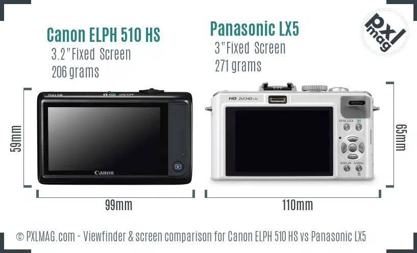 Canon ELPH 510 HS vs Panasonic LX5 Screen and Viewfinder comparison