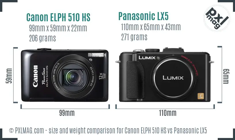 Canon ELPH 510 HS vs Panasonic LX5 size comparison