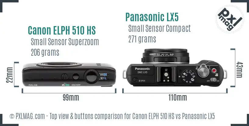 Canon ELPH 510 HS vs Panasonic LX5 top view buttons comparison