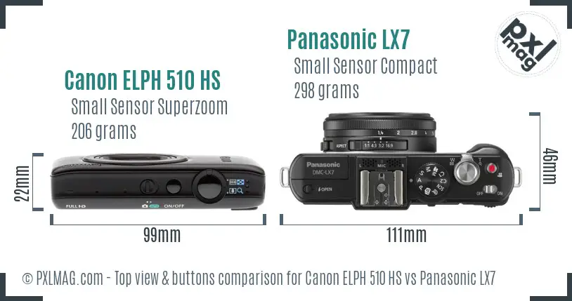 Canon ELPH 510 HS vs Panasonic LX7 top view buttons comparison