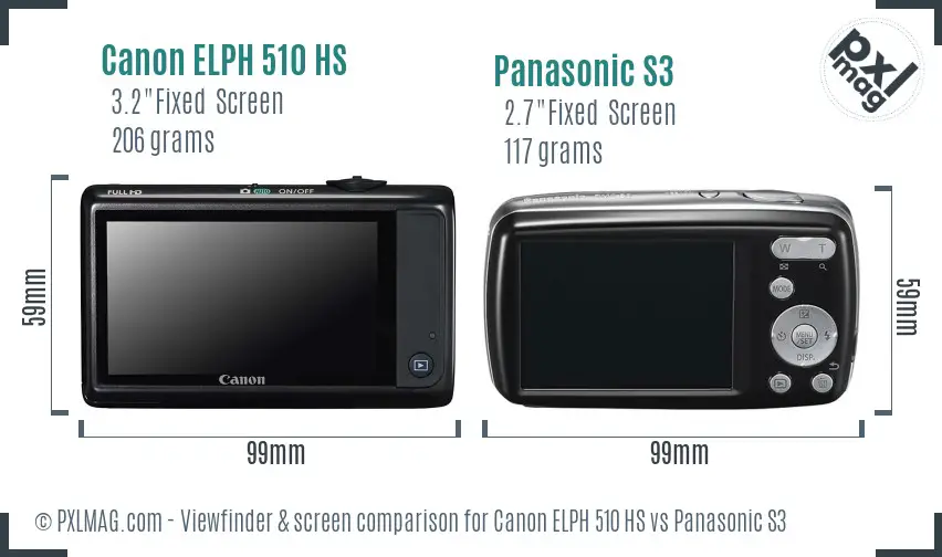 Canon ELPH 510 HS vs Panasonic S3 Screen and Viewfinder comparison