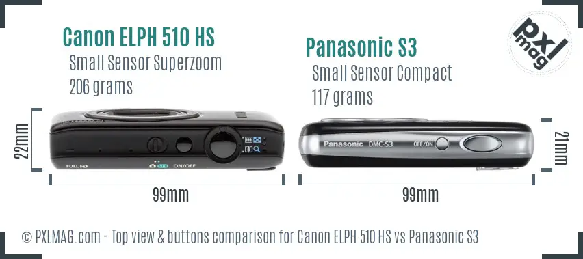 Canon ELPH 510 HS vs Panasonic S3 top view buttons comparison