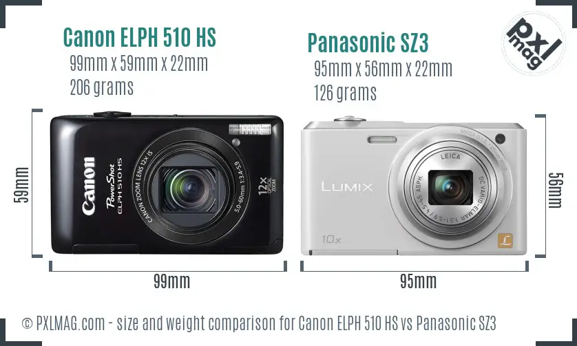 Canon ELPH 510 HS vs Panasonic SZ3 size comparison