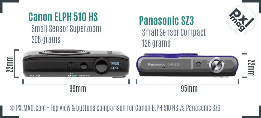 Canon ELPH 510 HS vs Panasonic SZ3 top view buttons comparison