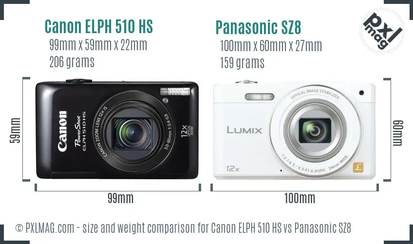 Canon ELPH 510 HS vs Panasonic SZ8 size comparison