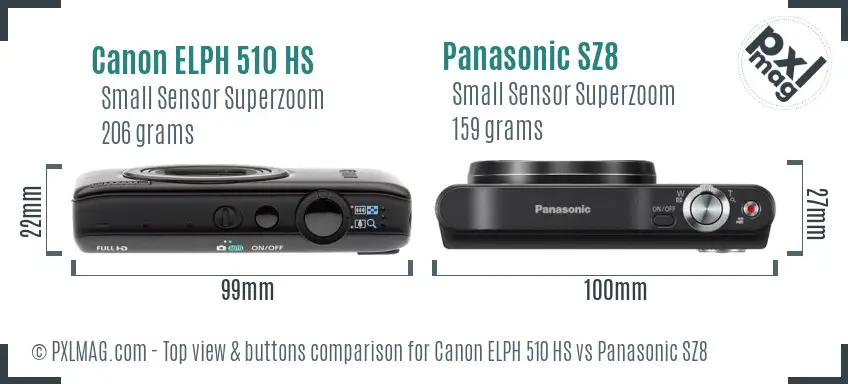 Canon ELPH 510 HS vs Panasonic SZ8 top view buttons comparison