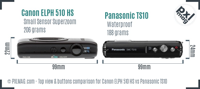 Canon ELPH 510 HS vs Panasonic TS10 top view buttons comparison