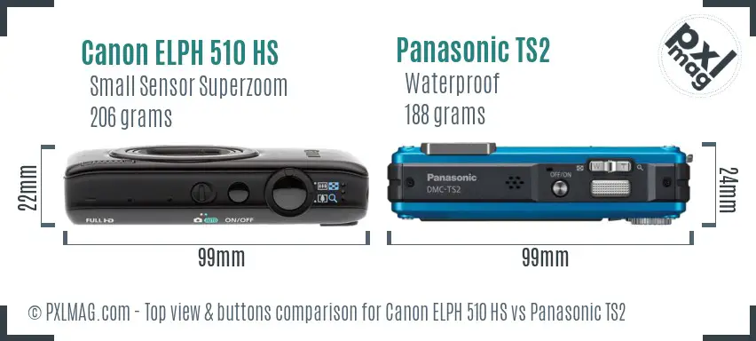 Canon ELPH 510 HS vs Panasonic TS2 top view buttons comparison Canon ELPH 510 HS vs Panasonic TS2 top view buttons comparison