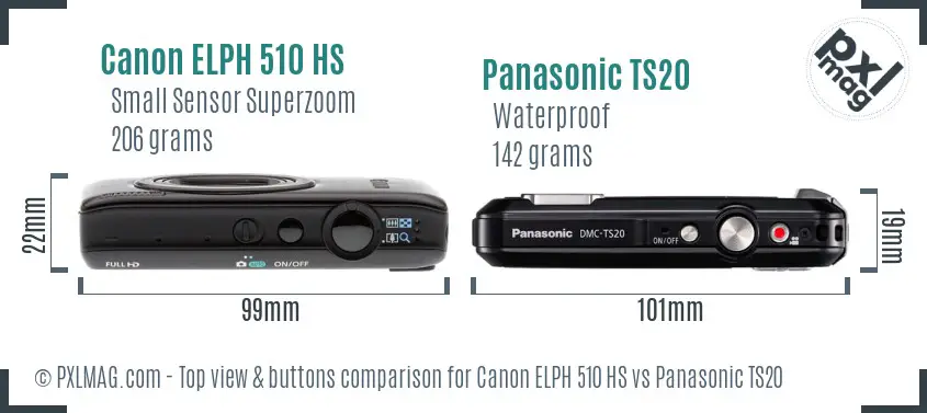 Canon ELPH 510 HS vs Panasonic TS20 top view buttons comparison