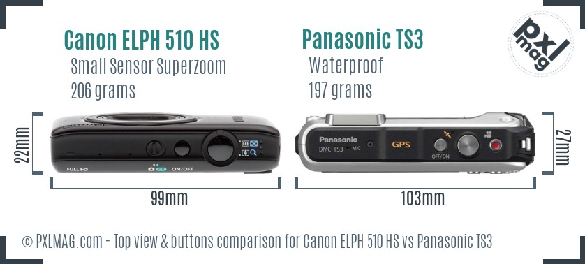 Canon ELPH 510 HS vs Panasonic TS3 top view buttons comparison