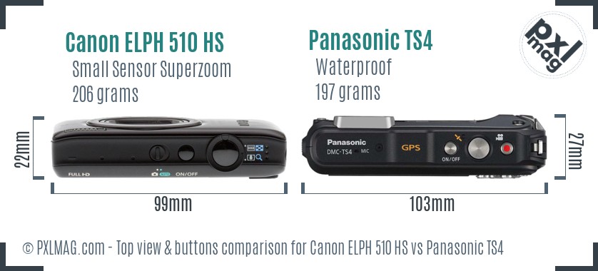 Canon ELPH 510 HS vs Panasonic TS4 top view buttons comparison