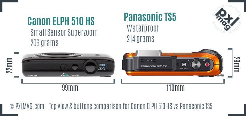 Canon ELPH 510 HS vs Panasonic TS5 top view buttons comparison