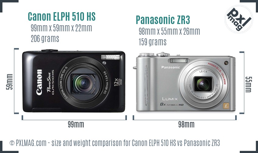 Canon ELPH 510 HS vs Panasonic ZR3 size comparison