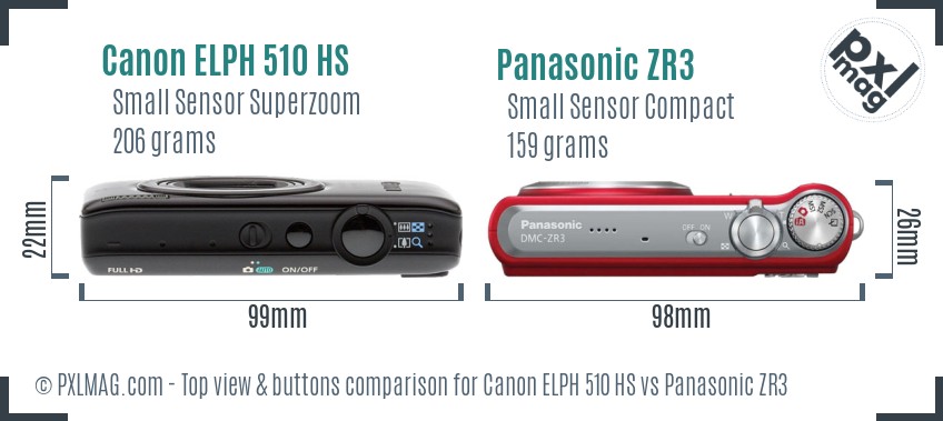 Canon ELPH 510 HS vs Panasonic ZR3 top view buttons comparison