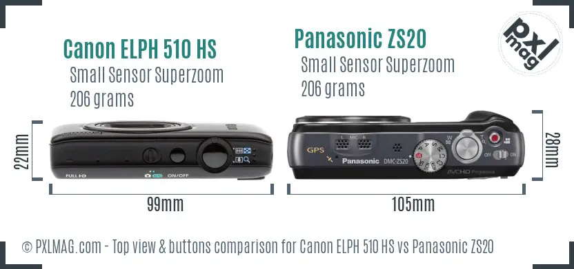 Canon ELPH 510 HS vs Panasonic ZS20 top view buttons comparison