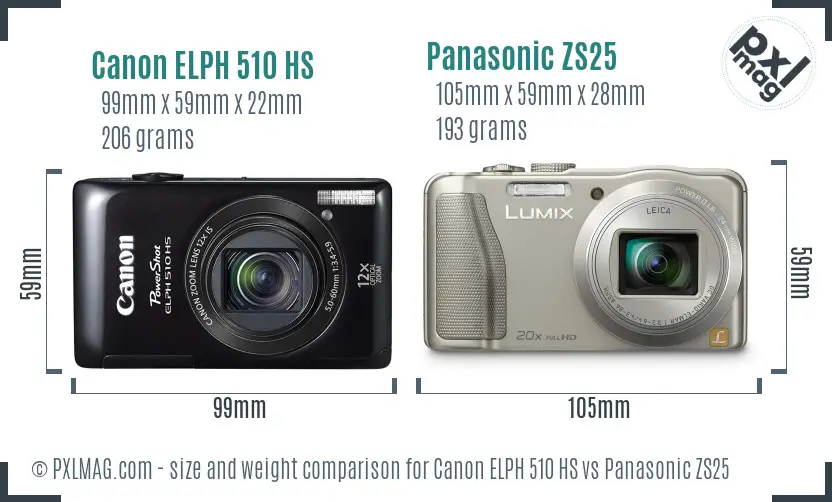 Canon ELPH 510 HS vs Panasonic ZS25 size comparison