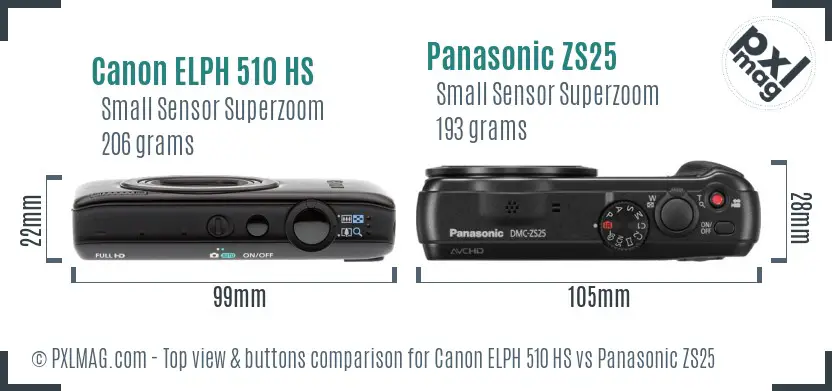 Canon ELPH 510 HS vs Panasonic ZS25 top view buttons comparison