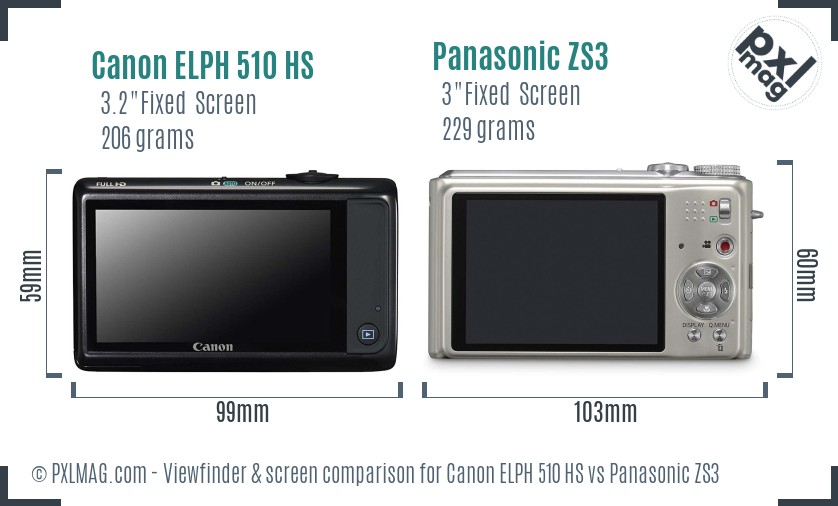 Canon ELPH 510 HS vs Panasonic ZS3 Screen and Viewfinder comparison