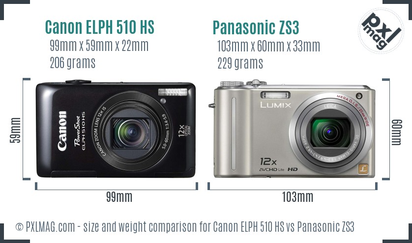 Canon ELPH 510 HS vs Panasonic ZS3 size comparison