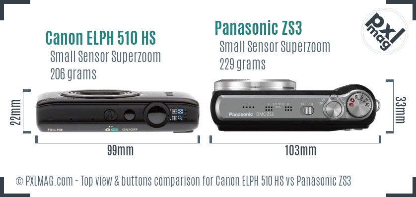 Canon ELPH 510 HS vs Panasonic ZS3 top view buttons comparison
