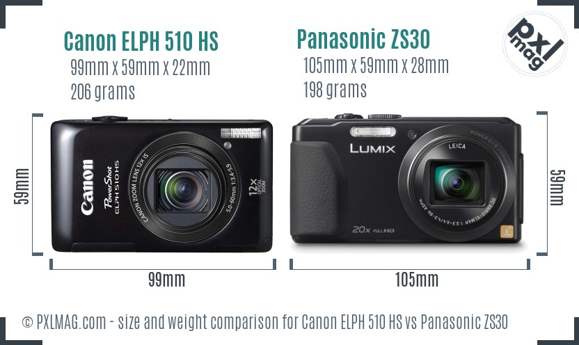 Canon ELPH 510 HS vs Panasonic ZS30 size comparison