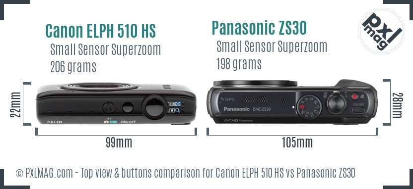 Canon ELPH 510 HS vs Panasonic ZS30 top view buttons comparison