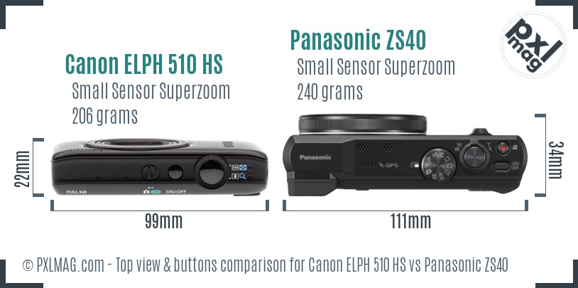 Canon ELPH 510 HS vs Panasonic ZS40 top view buttons comparison