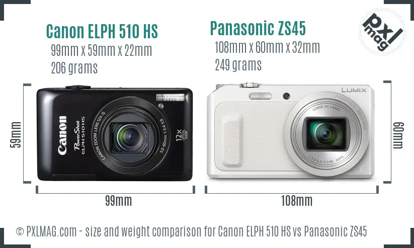 Canon ELPH 510 HS vs Panasonic ZS45 size comparison