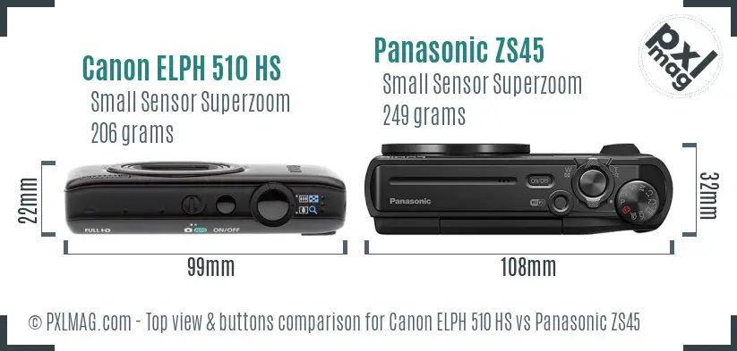 Canon ELPH 510 HS vs Panasonic ZS45 top view buttons comparison